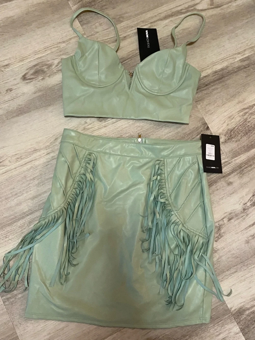 Fashion Nova Sage Faux Leather Fringe Two-Piece Set - NWT